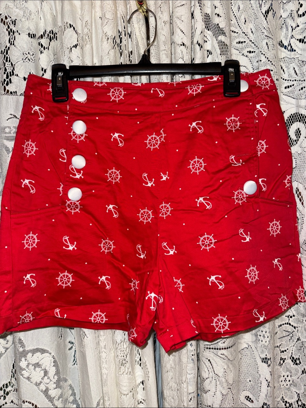Voodoo Vixen Red Nautical High-Waist Shorts